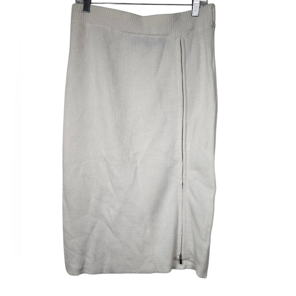 New York & Company Gabrielle Union Ivory Knit Front Zip Pencil Skirt L